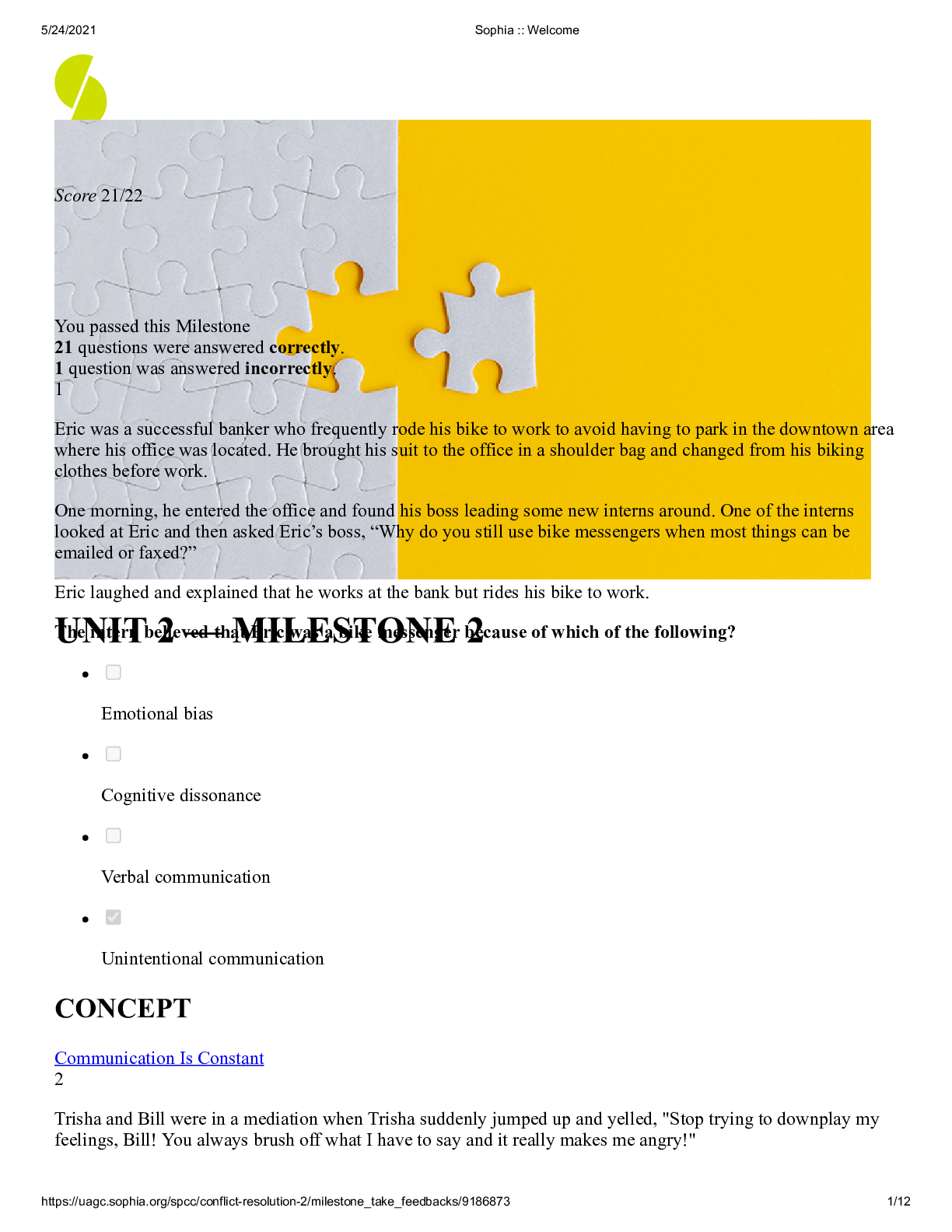 Preview image for Sophia Conflict Resolution Milestone 2, Exam Elaborations Questions with Complete Answers